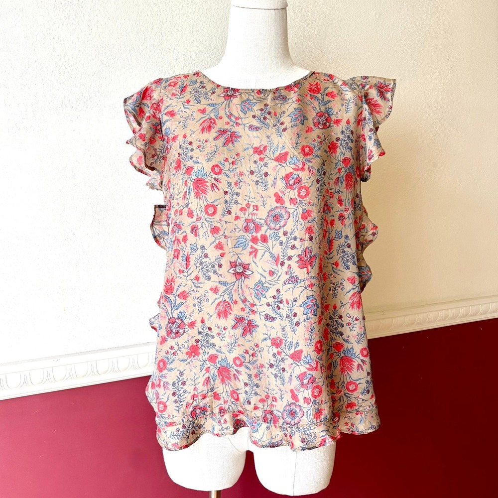 Antik Batik 100% Silk‎ Sleeveless Ruffle Top Sz S Bohemian Floral Romantic Fairy